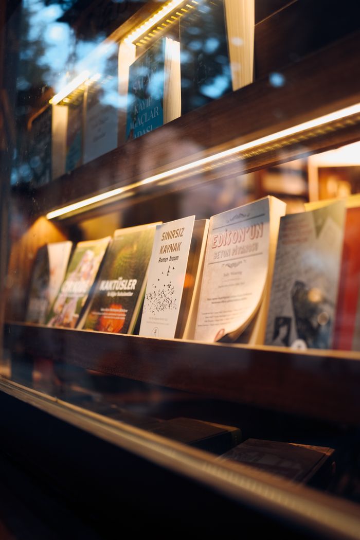 Books displayed on shelves through a window with warm lighting, creating a cozy scene.